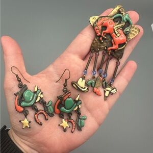 Enamel Western-Themed Earrings and Brooch Jewelry Set